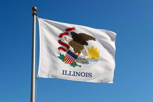 Realistic looking Illinois flag flying on a flagpole with clear sunny blue skies behind it