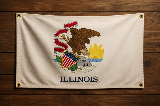 Realistic looking Illinois flag with brass grommets in all 4 corners mounted on a wood wall