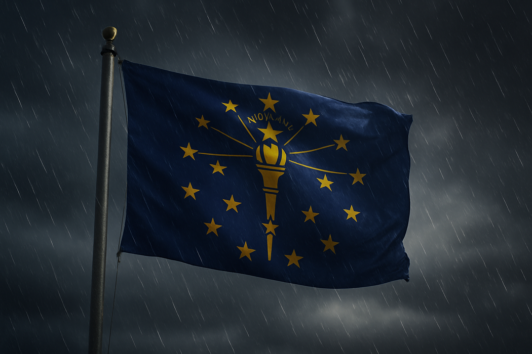 Realistic looking Indiana flag flying on a flagpole in rainy/windy conditions showing the flag material is strong while keeping the flag visible 