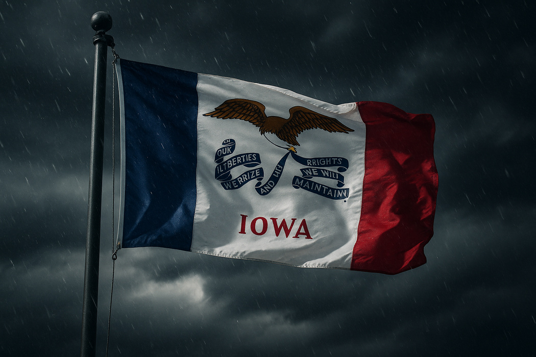 Realistic looking Iowa flag flying on a flagpole in rainy/windy conditions showing the flag material is strong while keeping the flag visible 