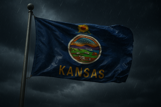 Realistic looking Kansas flag flying on a flagpole in rainy/windy conditions showing the flag material is strong while keeping the flag visible