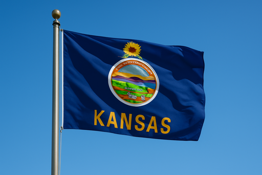 Realistic looking Kansas flag flying on a flagpole with clear blue sunny skies behind it