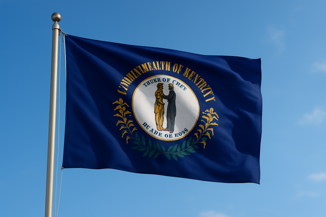 Realistic looking Kentucky flag flying on a flagpole with clear blue sunny skies