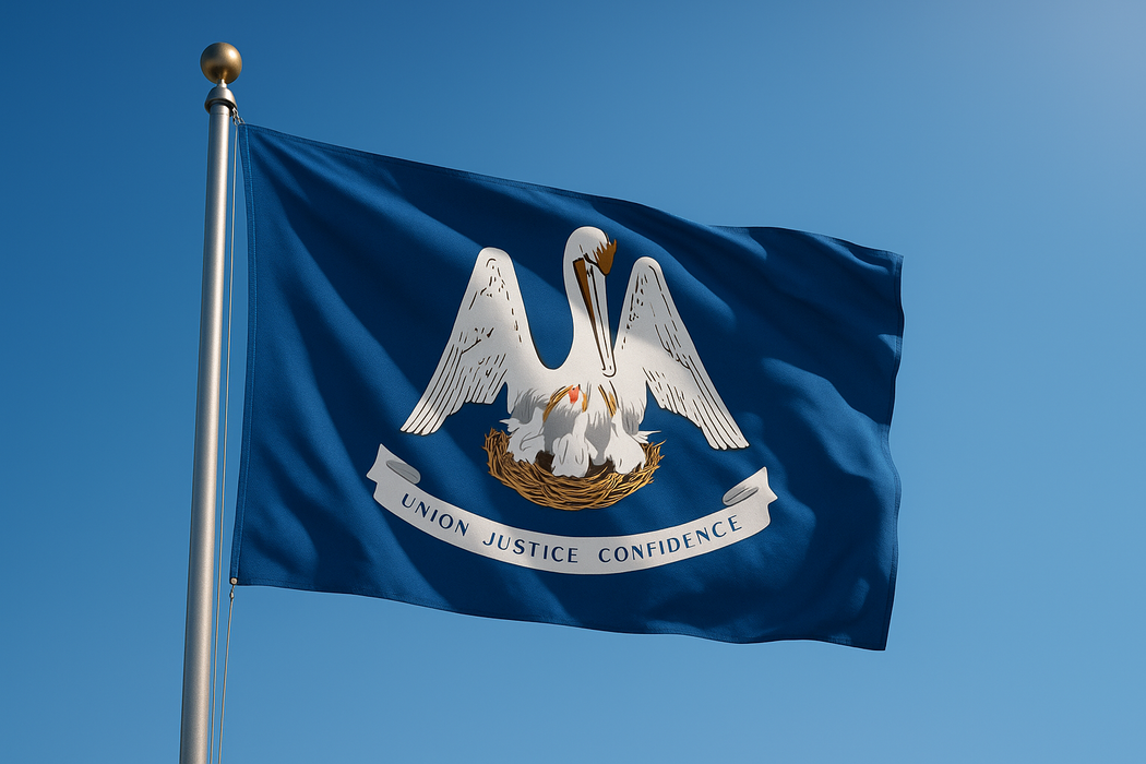 Realistic looking Louisiana flag flying on a flagpole with clear blue sunny skies