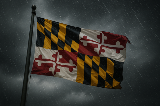 Realistic looking Maryland flag flying on a flagpole in rainy/windy conditions 
