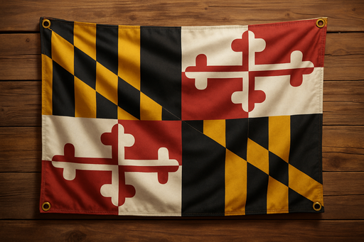Realistic looking Maryland flag with a brass grommet in each corner mounted to a wood wall
