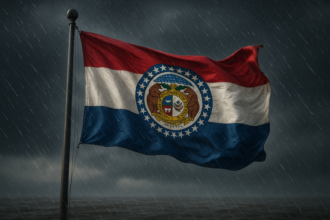 Realistic Missouri flag flying on a flagpole in rainy/windy conditions show the flag material is strong