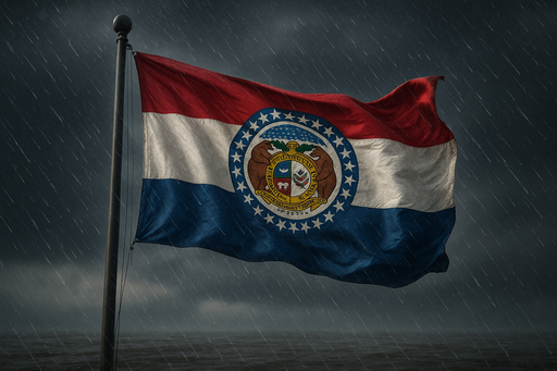 Realistic Missouri flag flying on a flagpole in rainy/windy conditions show the flag material is strong