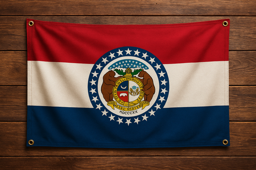 Realistic Missouri flag with brass grommets in each corner mounted to a wood wall