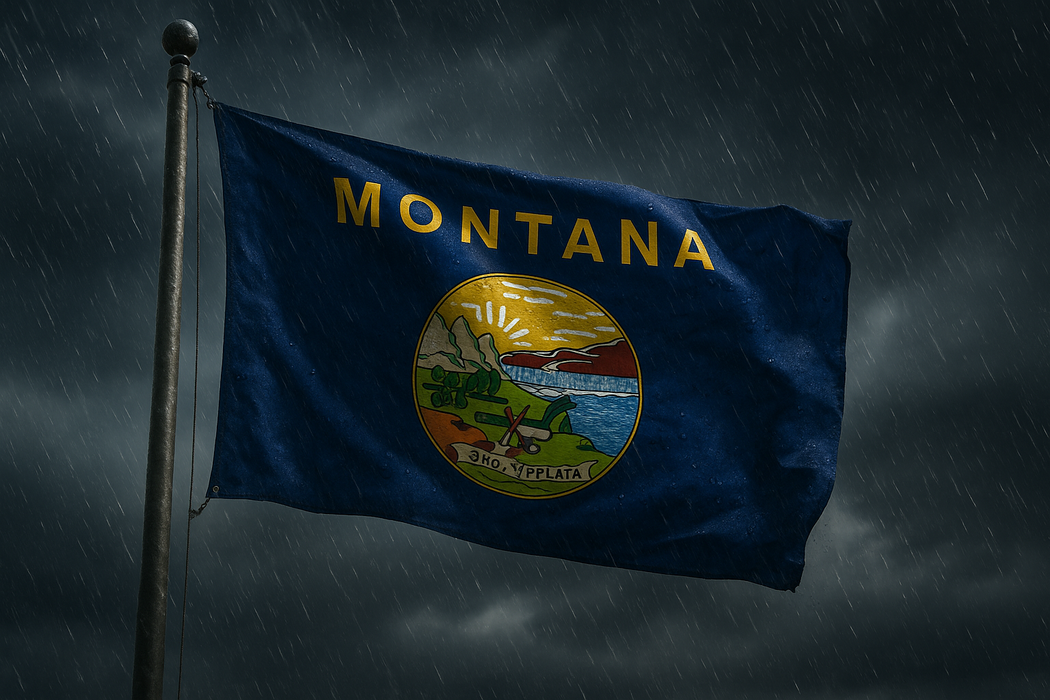 Realistic Montana flag flying on a flagpole in rainy/windy conditions showing the flag material is strong