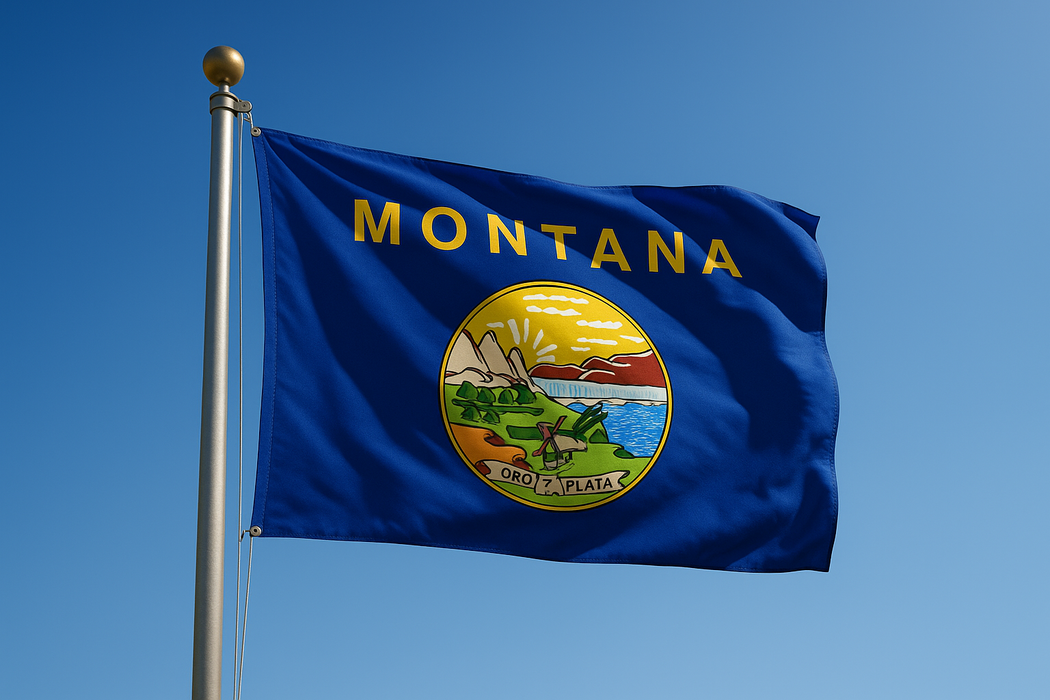 Realistic Montana flag flying on a flagpole with clear blue sunny skies