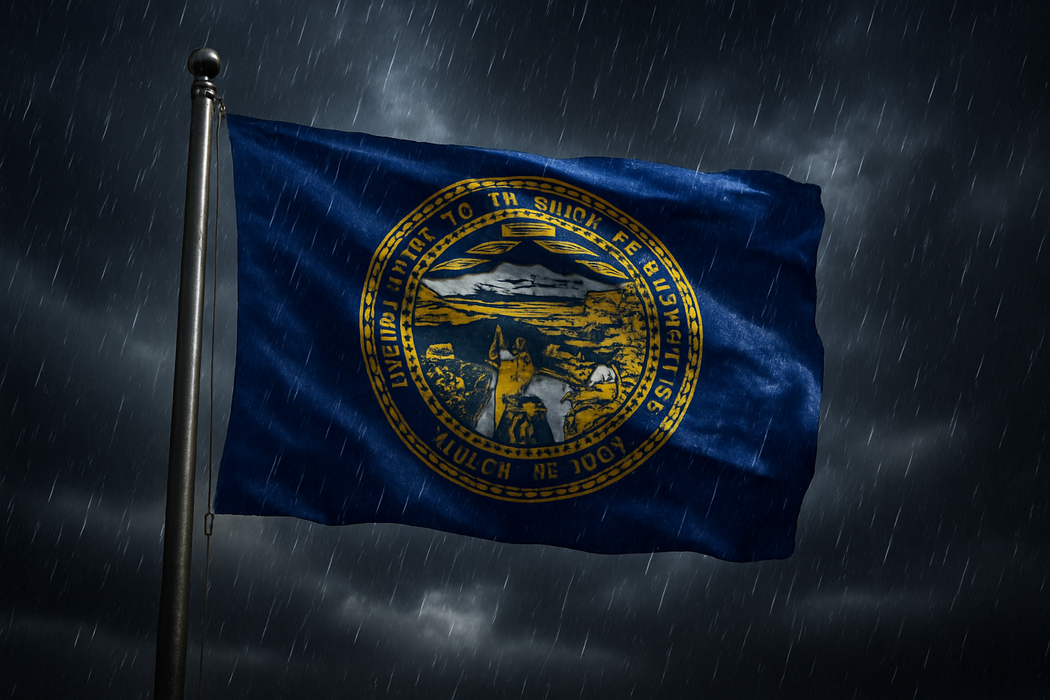 Realistic Nebraska flag flying on a flagpole in rainy/windy conditions shows the flag material is strong