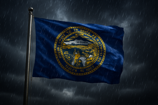 Realistic Nebraska flag flying on a flagpole in rainy/windy conditions shows the flag material is strong