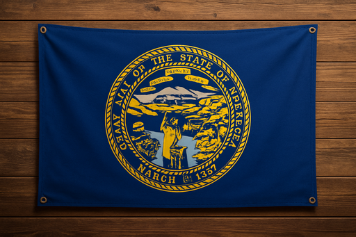 Realistic Nebraska flag with a brass grommet in each corner mounted to a wood wall