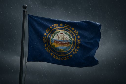 Realistic New Hampshire flag flying on a flagpole in rainy/windy conditions showing the flag material is strong