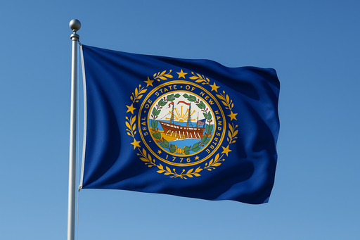 Realistic new hampshire flag flying on a flagpole with clear blue sunny skies