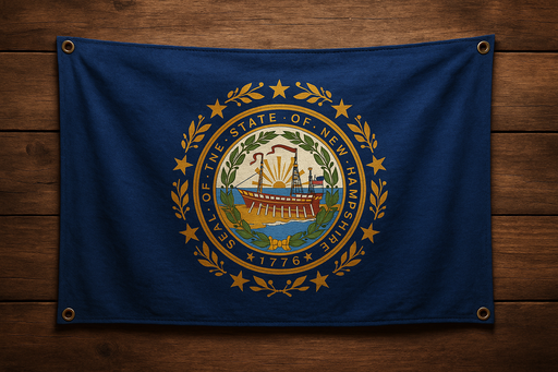 Realistic New Hampshire flag with a brass grommet in each corner mounted to a wood wall
