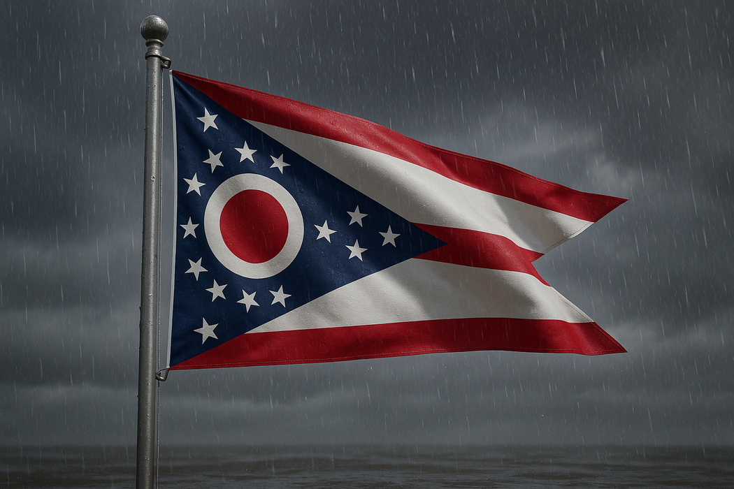 Heavy duty Ohio flag for sale flying on a flagpole in rainy and windy conditions