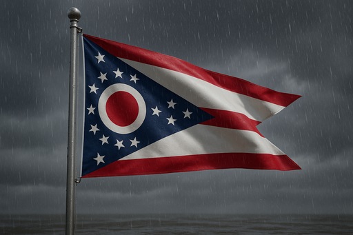 Heavy duty Ohio flag for sale flying on a flagpole in rainy and windy conditions