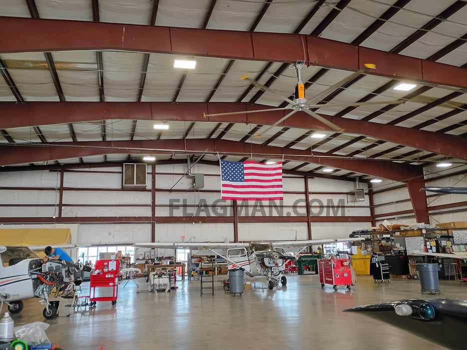 American Flag customized to display in an airplane hanger 