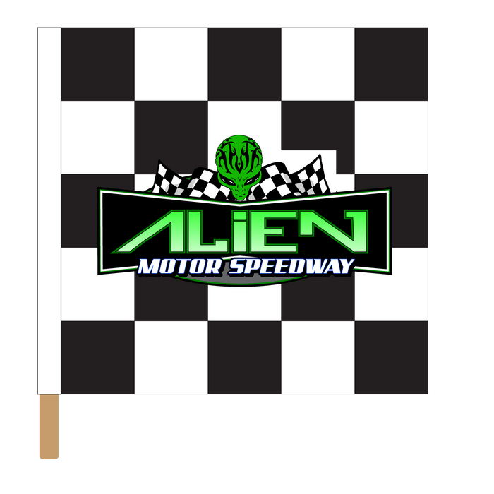 Alien Motor Speedway Printed Checkered Flag - 24"x30" - Nylon - Single Reverse - Stapled to 32" x 5/8" Dowel