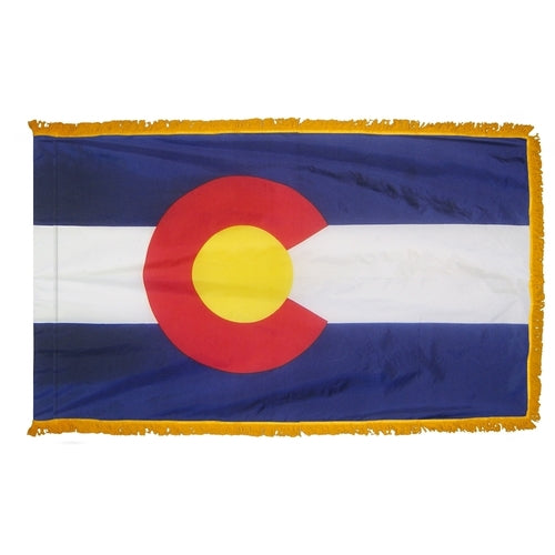 Colorado flag with gold fringe. Colorado flag with fringe. Colorado parade flag. Colorado indoor flag. Colorado flag with gold fringe. Colorado indoor flag. Colorado presentation flag. 
