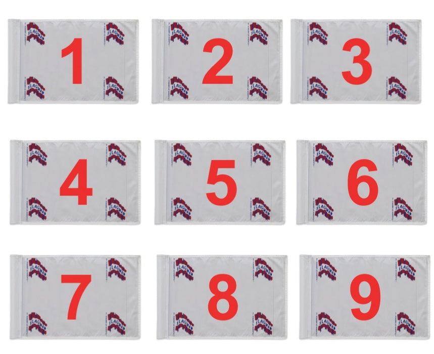 Custom Golf Flag Set | Numbers 1-9 with Logo | Single Reverse | Rotating Tubes