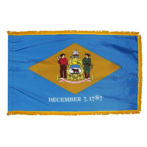 Delaware flag with fringe. Delaware flag with gold fringe. Delaware indoor flag. Delaware presentation flag. Delaware parade flag.