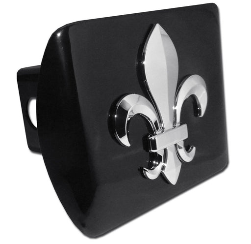 Black hitch cover with chrome fleur-de-lis emblem. 