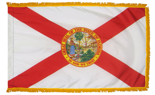 Florida flag with fringe. Florida flag with gold fringe. Florida indoor flag. Florida presentation flag. Florida parade flag.