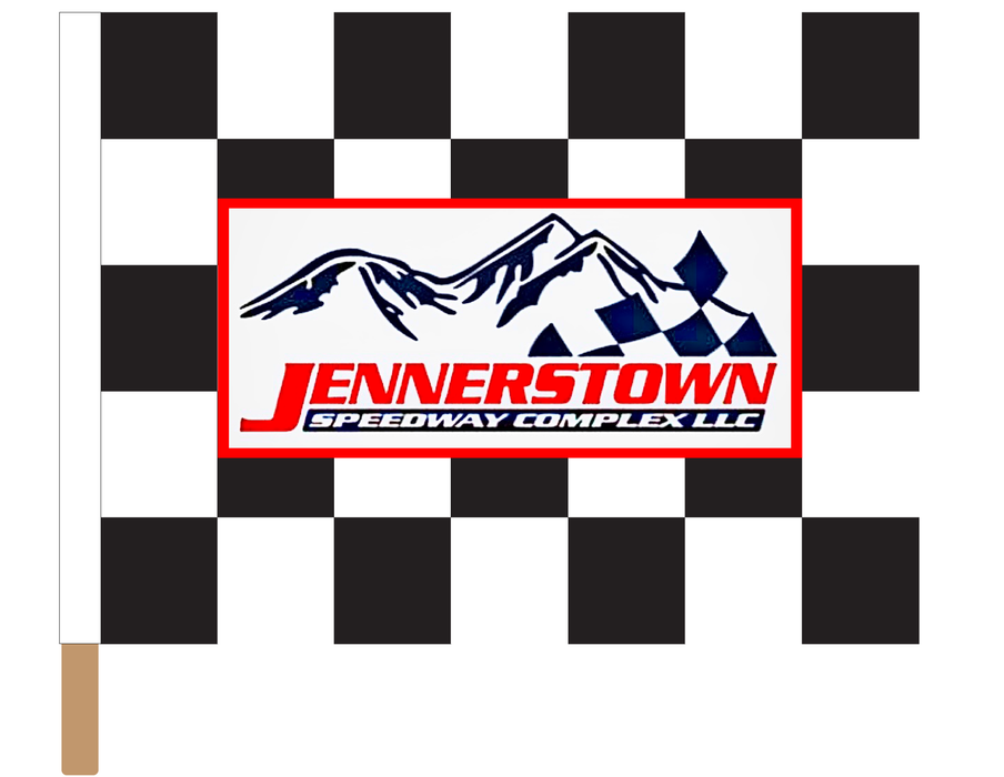Jennerstown Speedway Printed Checkered Flag - 24"x30" - Nylon - Single Reverse - Stapled to 32"x5/8" Dowel