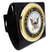 A black hitch cover featuring a chrome-plated metal frame with a laminated United States Navy emblem in the center.