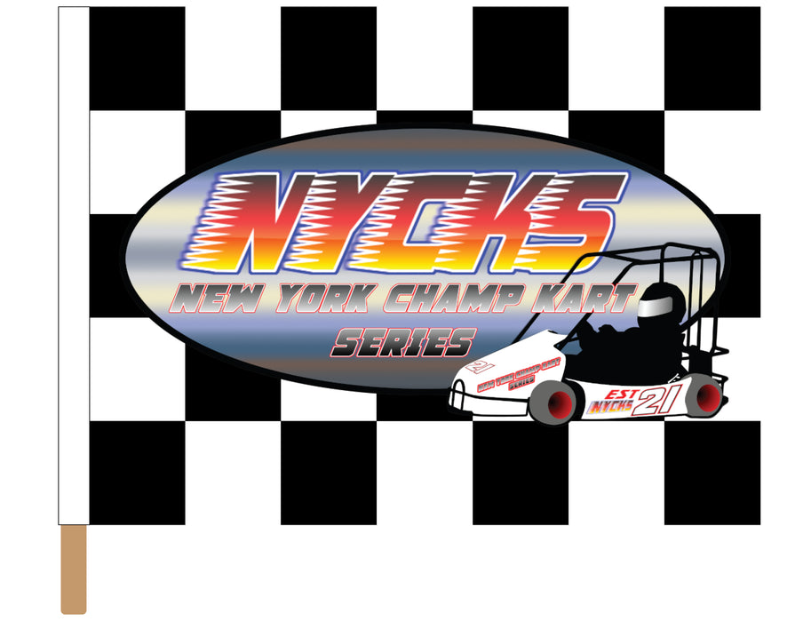 New York Champ Kart Series Printed Checkered Flag - 24"x30" - Nylon - Single Reverse - Stapled to 32" x 5/8" Dowel