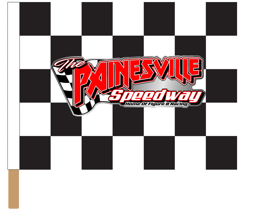 Painesville Speedway Printed Checkered Flag - 24"x30" - Nylon - Single Reverse - Stapled to 32" x 5/8" Dowel