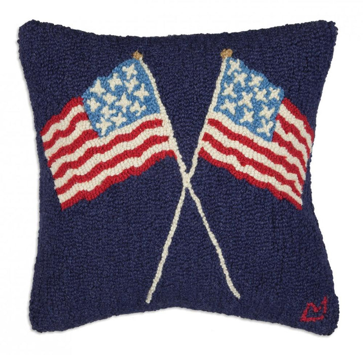 Crossed Flags on Blue 18" Hooked Wool Pillow
