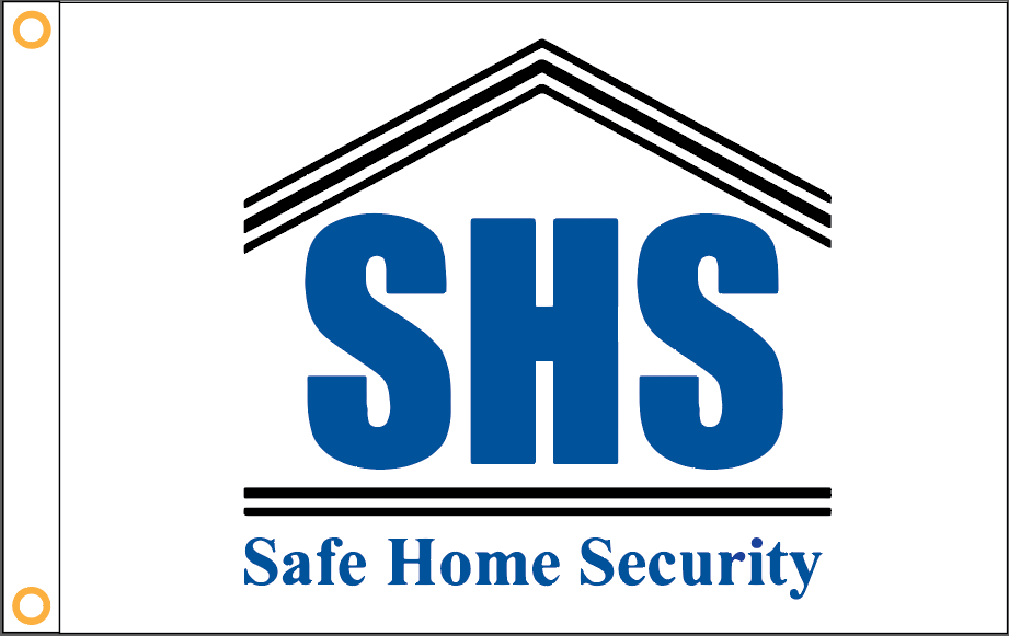 Safe Home Security Printed Flag - 4'x6' - Nylon - Single Reverse - Heading & Grommets - White Background - Pantone 287 Blue - Black