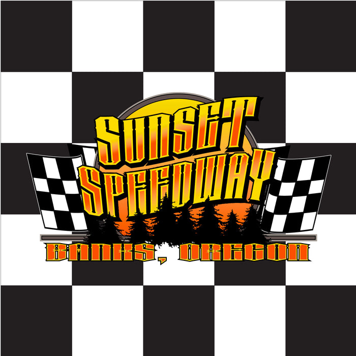 Sunset Speedway Park Printed Checkered Flag - 24"x24" - Nylon - Single Reverse - Stapled to 32"x5/8" Dowel