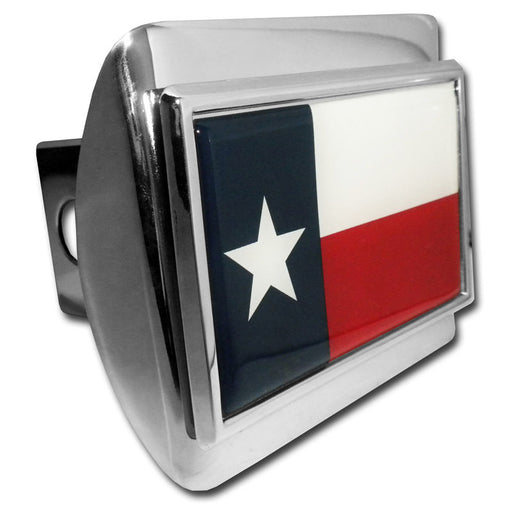 A chrome all-metal hitch cover with a chrome-plated metal Texas flag emblem adhered to the front.