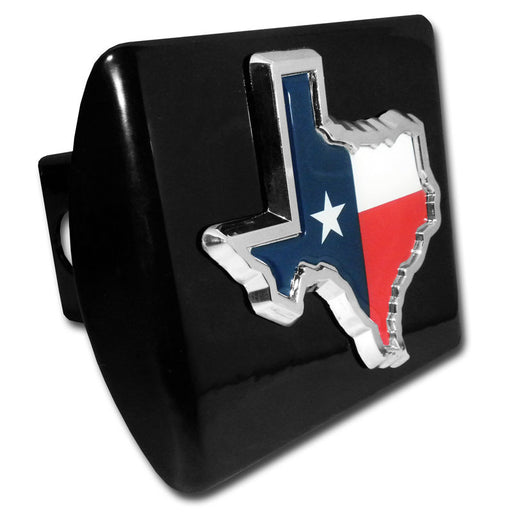 Black all-metal hitch cover with a silver Texas emblem shape flag