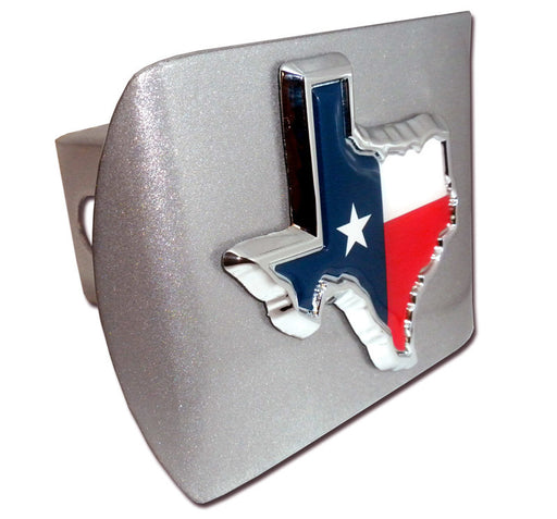 Silver all-metal hitch cover with a silver Texas emblem shape flag