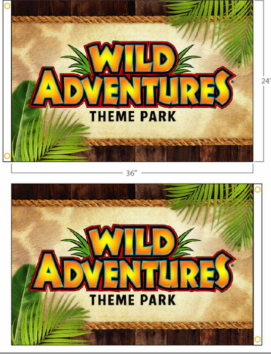 Wild Adventures Theme Park Printed Flag - 2'x3' - Nylon - Double Sided w/ Liner - Heading & Grommets