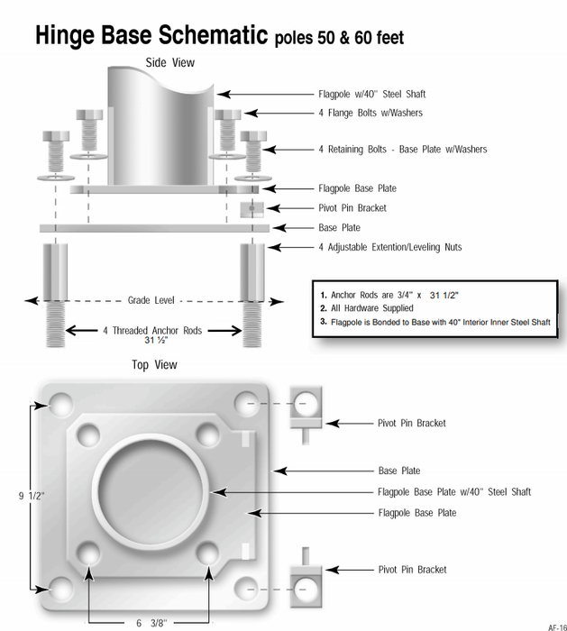 Fiberglass Flagpole - 60' - Internal Winch - Black - Hinge Base - 2 Piece *Clearance*