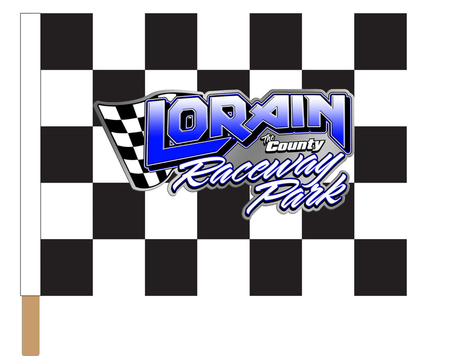 Lorain Raceway Park Printed Checkered Flag - 24"x30" - Nylon - Single Reverse - Stapled to 32" x 5/8" Dowel