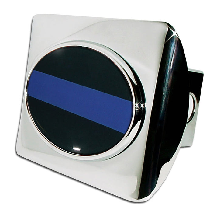 chrome hitch cover with thin blue line emblem on the front
